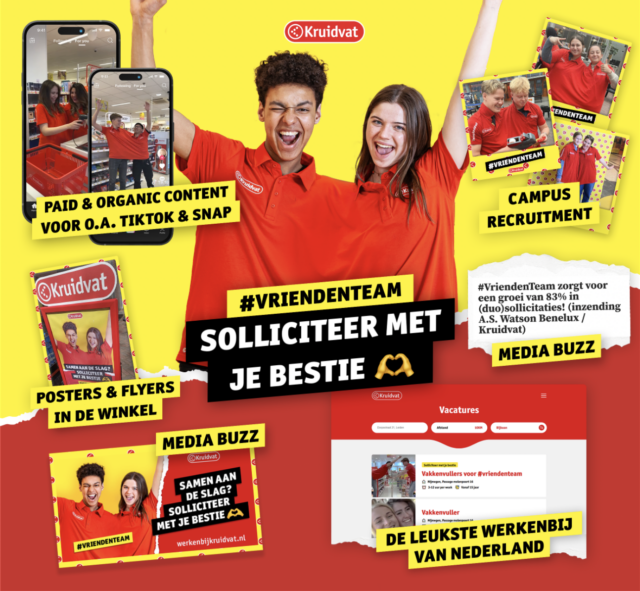 Kruidvat’s #vriendenteam-campagne trok 51% meer sollicitaties via TikTok, WhatsApp-solliciteren en offline activaties. Een gamechanger in recruitment! Lees de hele case, ingezonden in de categorie Recruitment voor de Werf& Awards 2025.